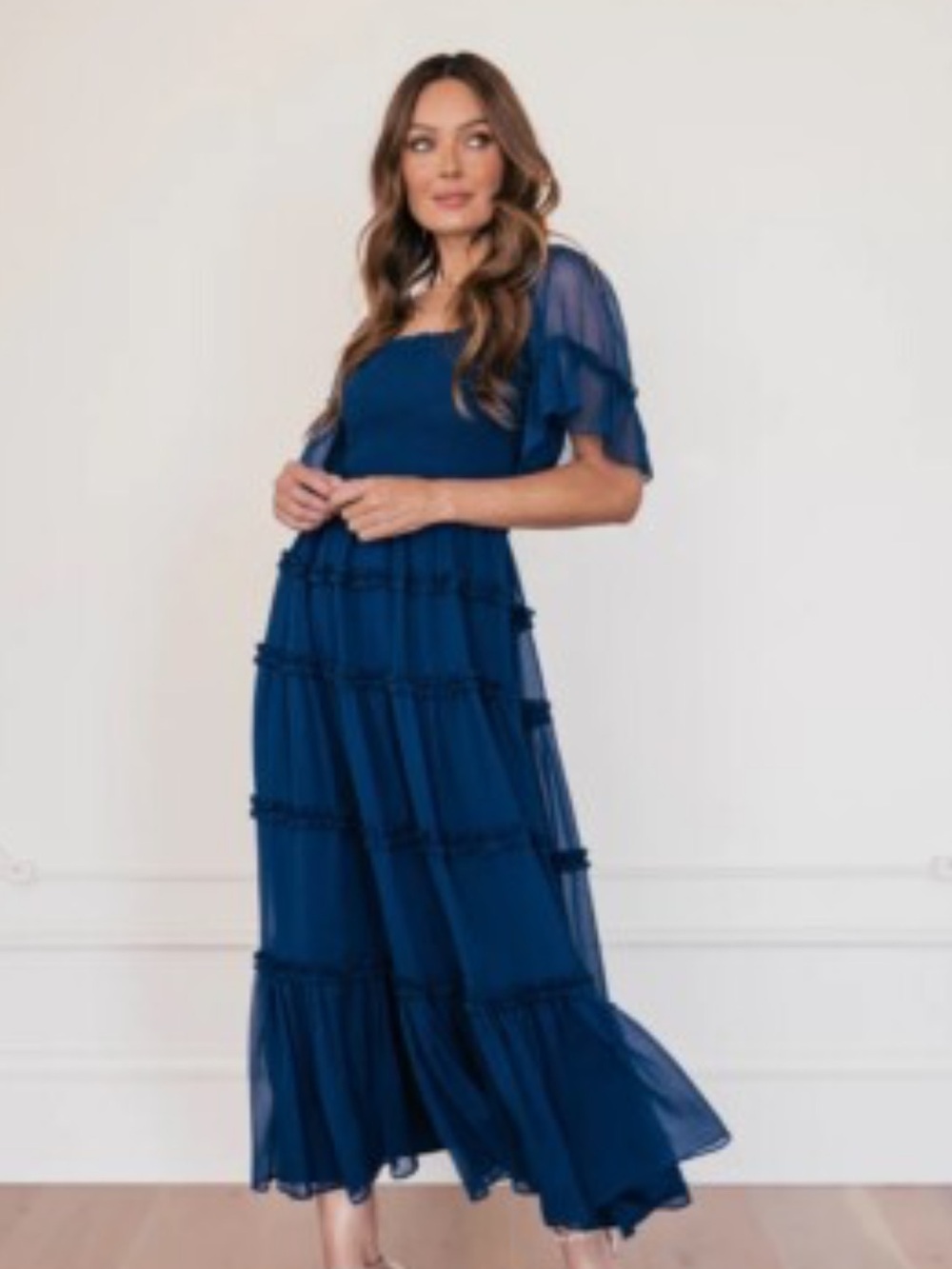 JessaKae Senna Navy Chiffon Tiered Midi Dress